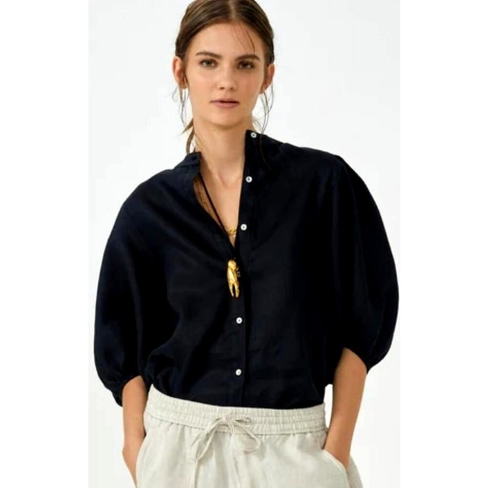 Lanhtropy Linen Shirt Womens XS Black Bubble Sleeves Oversized Langenlook